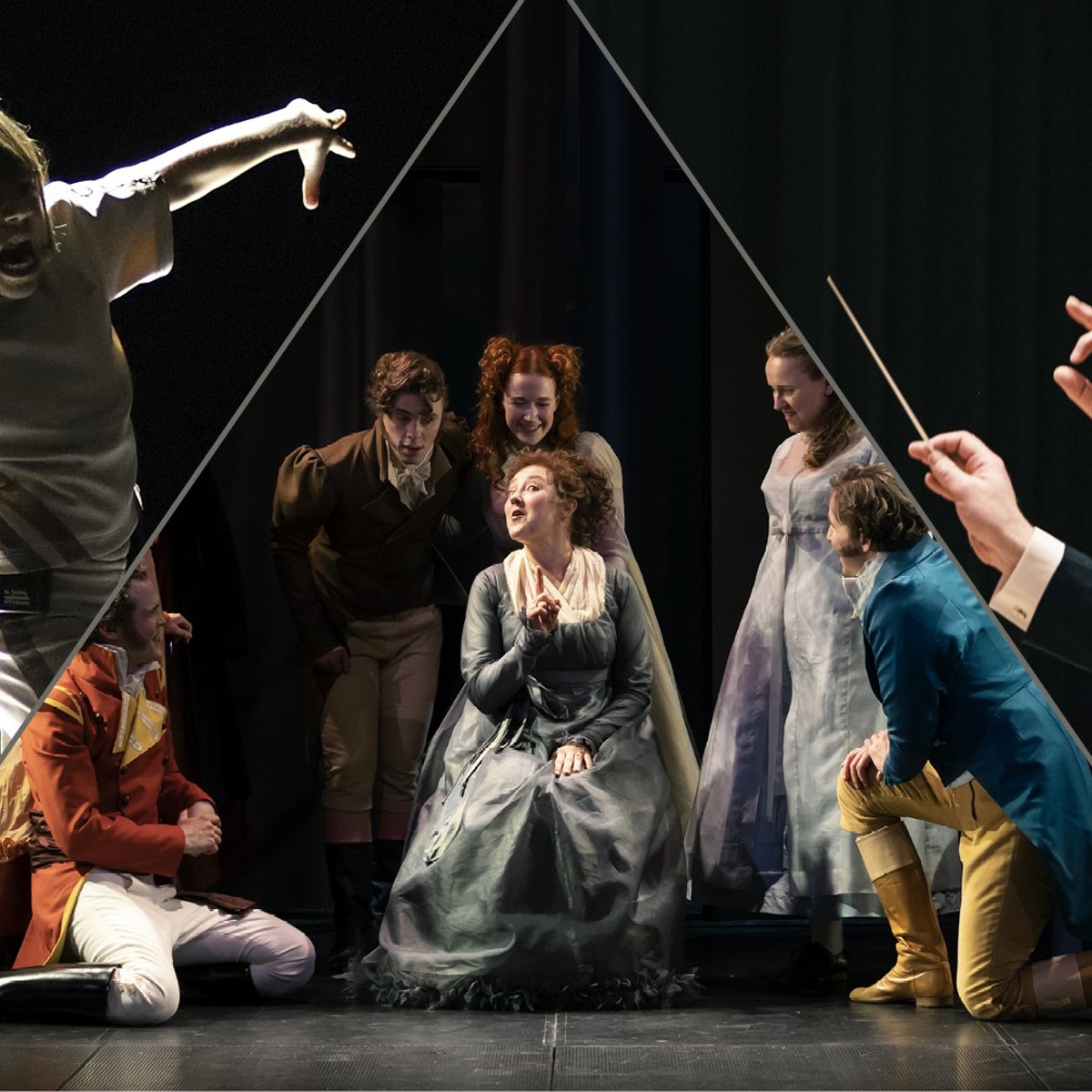 A collage of cultural events. A dancing child, a 19th century opera and a conductor. 