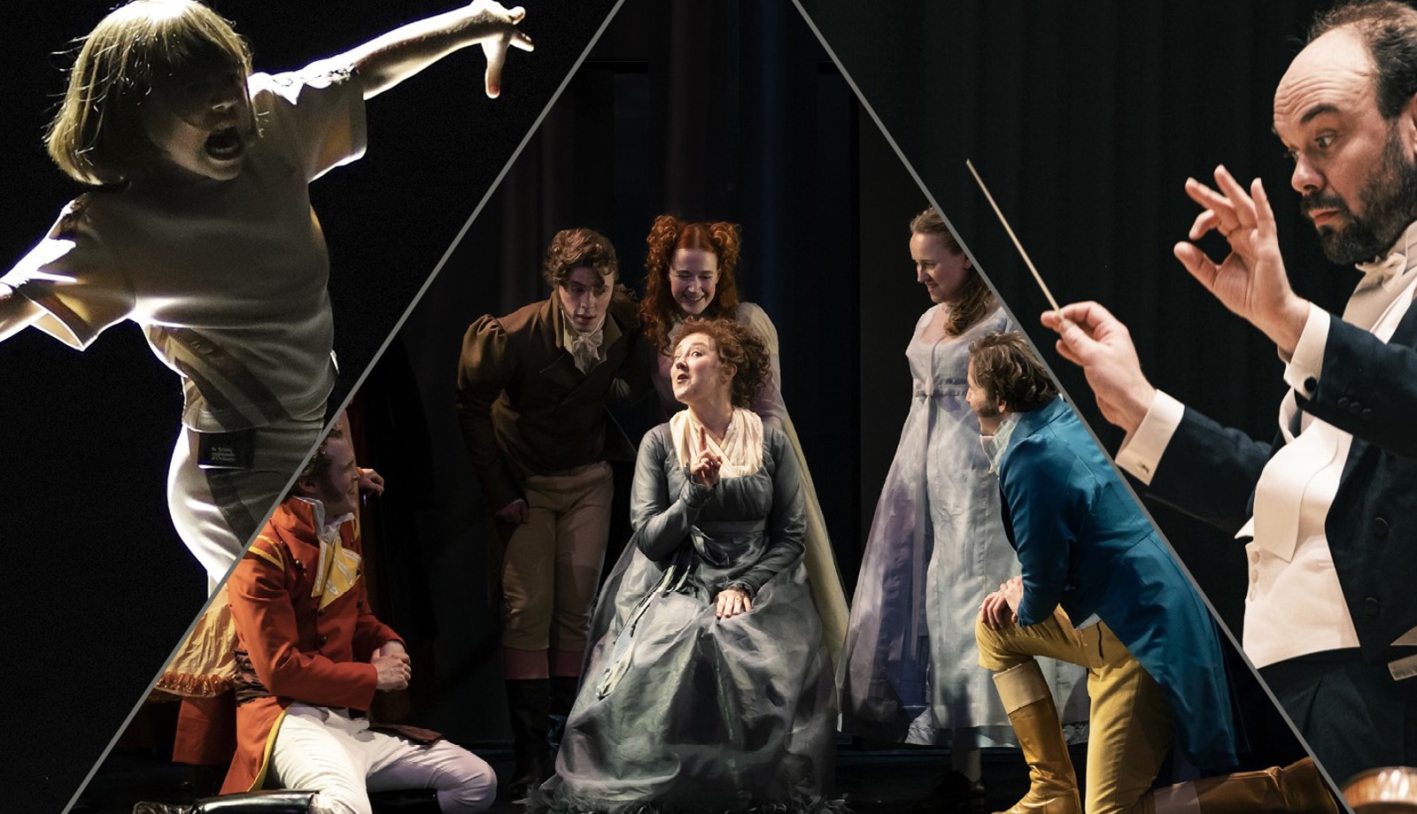 A collage of cultural events. A dancing child, a 19th century opera and a conductor. 